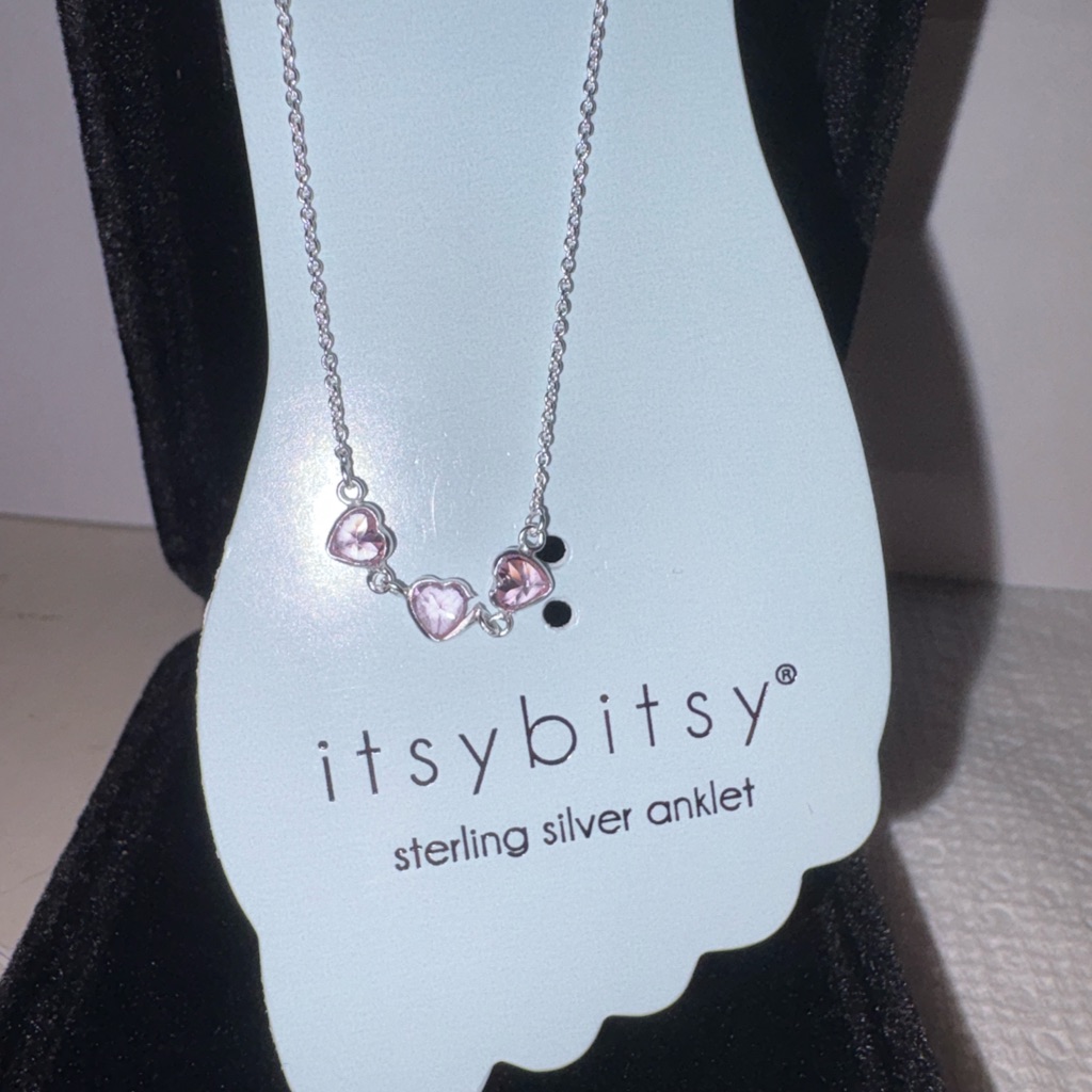 Sterling Silver Anklet With Pink Heart Charms